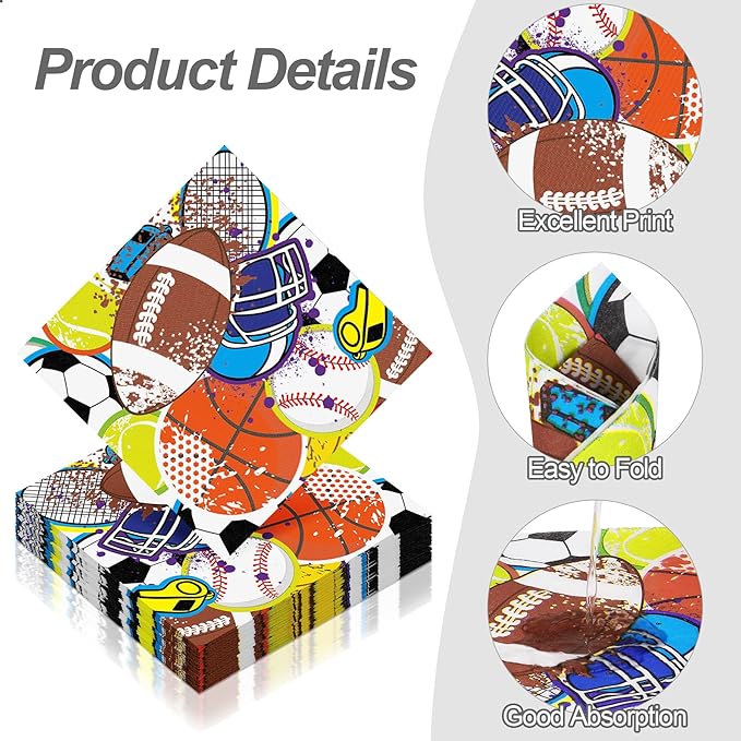 Aodaer 48 Pieces Sports Napkins 13 x 13 Inches Sports Ball Paper Napkins Disposable Sports Pattern Cocktail Napkins for Baseball Basketball Football Soccer Party Supplies, Birthday Party Decorations