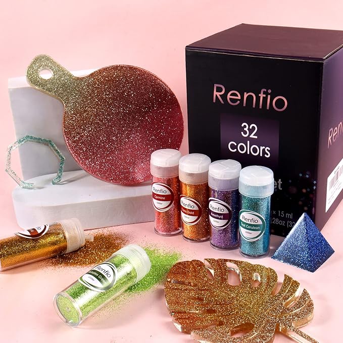 Renfio 32 Colors Glitter Set, 16.93oz 480g Ultra Fine Glitter Powder PET 1/128" 0.008" 0.2mm Resin Suppies Assorted Craft Glitter for Fake Nails, Resin Art, Tumblers, Slime, Hair, Bomb