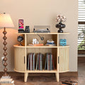 Large Round Record Player Stand with Charging Station & USB Ports，Record Storage Cabinet, Mid Century Modern Turntable Stand for Bedroom Living Room (Small Oak)