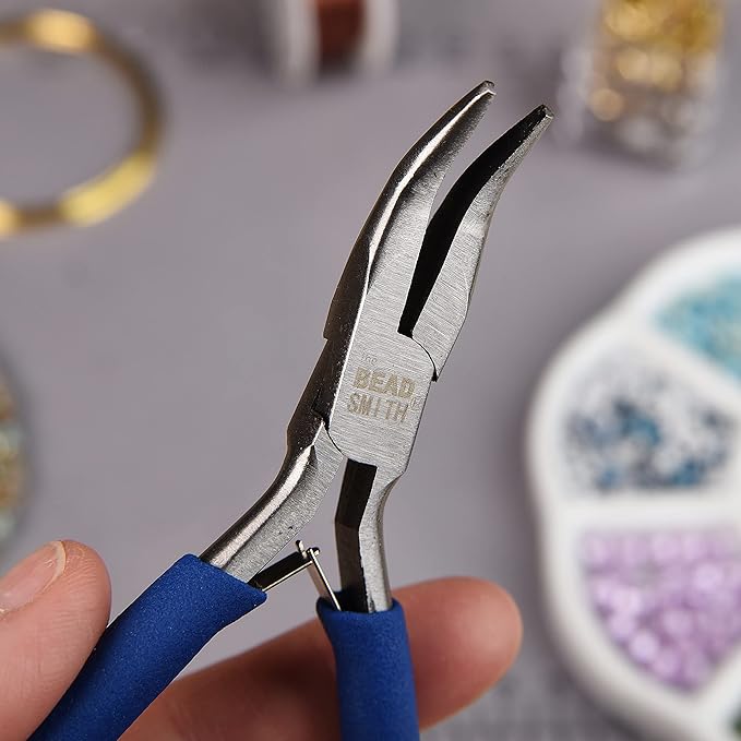 The Beadsmith Color-ID Bent Chain Nose Plier – 5 inches (127mm) – Blue Comfort Grip Handle – Polished Steel Head and Double-Leaf Spring - Tool for Jewelry Making