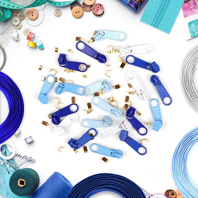 DOITEM 15.3 Yards/ 14 m 5 Pieces Assorted Colors #3 Nylon Coil Zippers, Sewing Zippers Endless Zips with 20 Pieces Zipper Sliders Zip Heads for DIY Sewing Tailor Craft Supplies (Blue White)