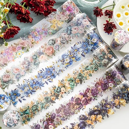 Flower PET Tape Stickers for Journaling,6 Rolls Transparent Floral Washi Tape for Scrapbook Supplies,Junk Journal,DIY Craft,Notebook,Diary(Flourishing Blossom)
