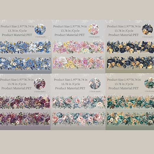 Flower PET Tape Stickers for Journaling,6 Rolls Transparent Floral Washi Tape for Scrapbook Supplies,Junk Journal,DIY Craft,Notebook,Diary(Flourishing Blossom)