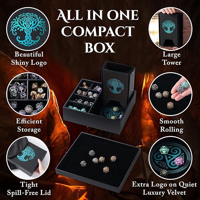 Dice Tray and Dice Tower for DND and RPG - All-in-One Game Roamer Tray & Large Tower for Random Rolls - Stores Your Sets, Mini's and More Compatible with D&D (Blue Tree)