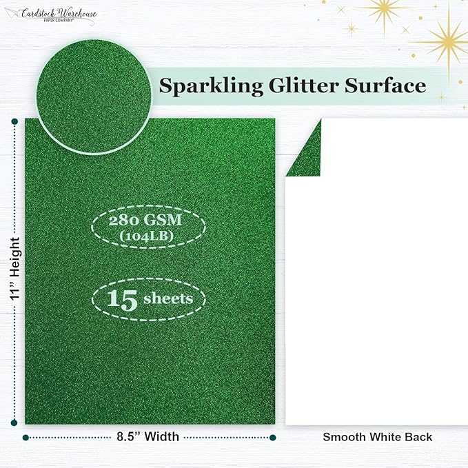 Cardstock Warehouse Diamond Print Inkjet Glitter - Premium Green Glitter Cardstock Paper – 15 Sheets, 8.5 x 11" - 104 lb/280 GSM for Inkjet Printing, Die-Cutting, Card Making, Crafts, and DIY Projects