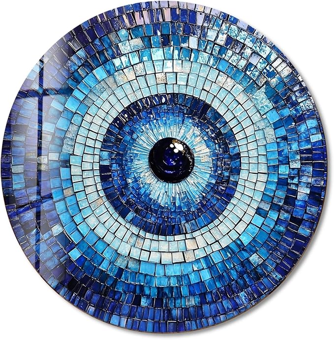 My Photostation.com 20''(50cm) Diameter Blue Mosaic Evil Eye Round Glass Wall Art Tempered Glass Printing Wall Decor Large Wall Art Wall Hangings