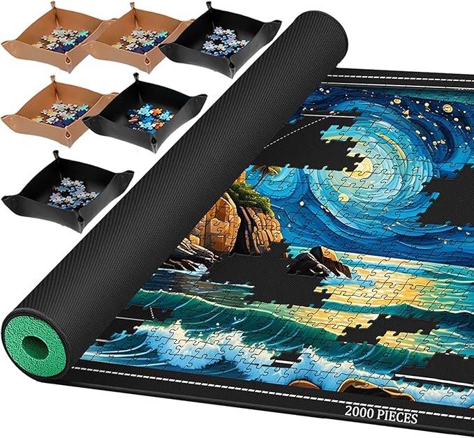 Jigsaw Puzzle Mat Roll Up, Portable Saver Pad 48” x 31” Up to 2000 Pieces, Puzzles Matt Rollup with Non-Slip Rubber Bottom & Smooth Top. (6 Puzzle Sorting Trays & 1 Storage Bag)