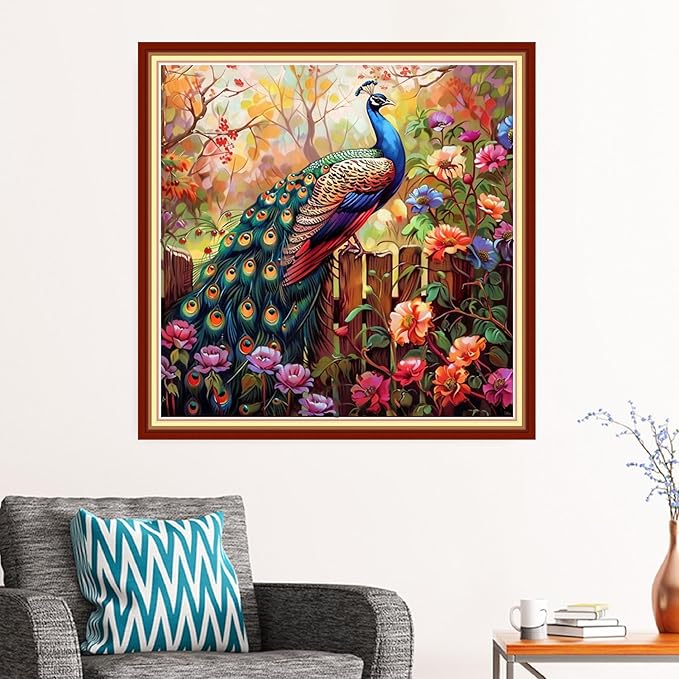 Stamped Cross Stitch Kits - Beach Night Landscape Counted Cross Stitch Kits for Beginners Adults Needlepoint Cross-Stitch Patterns-Peacock Flower 18x18 inchs