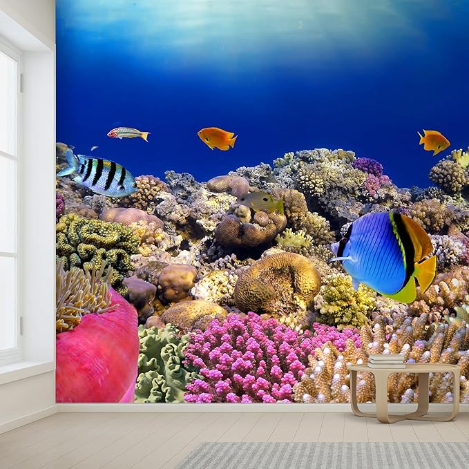 wall26 Removable Wall Sticker/Wall Mural Tropical Blue Fish Coral Reef Ocean Seascape Nature Wilderness Photography Nautical Landscape Decorative for Living Room, Bedroom, Office - 120x120 inches
