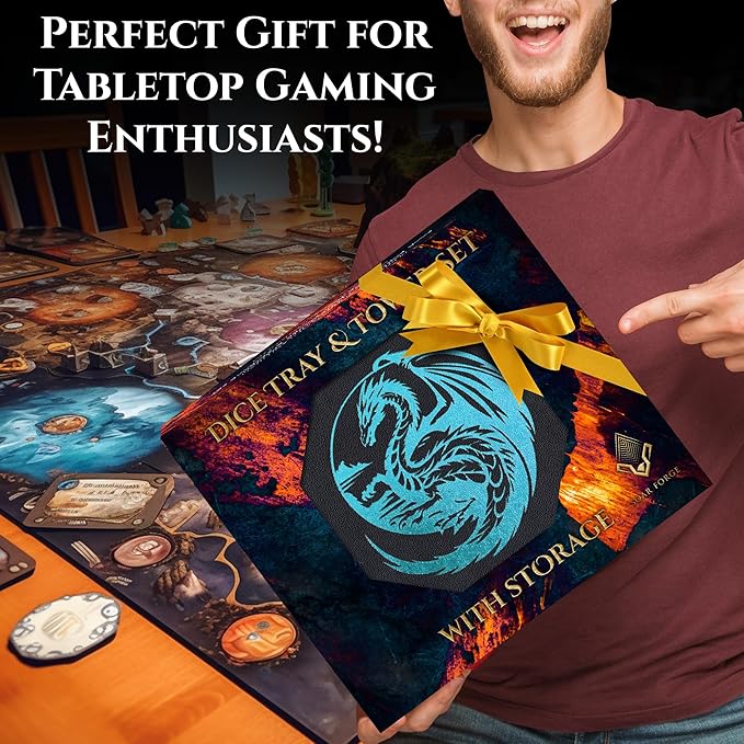 Soar Forge Dice Tray and Dice Tower for DND and RPG - All-in-One Game Roamer Tray & Large Tower for Random Rolls - Stores Your Sets, Mini's and More Compatible with D&D (Blue Dragon)