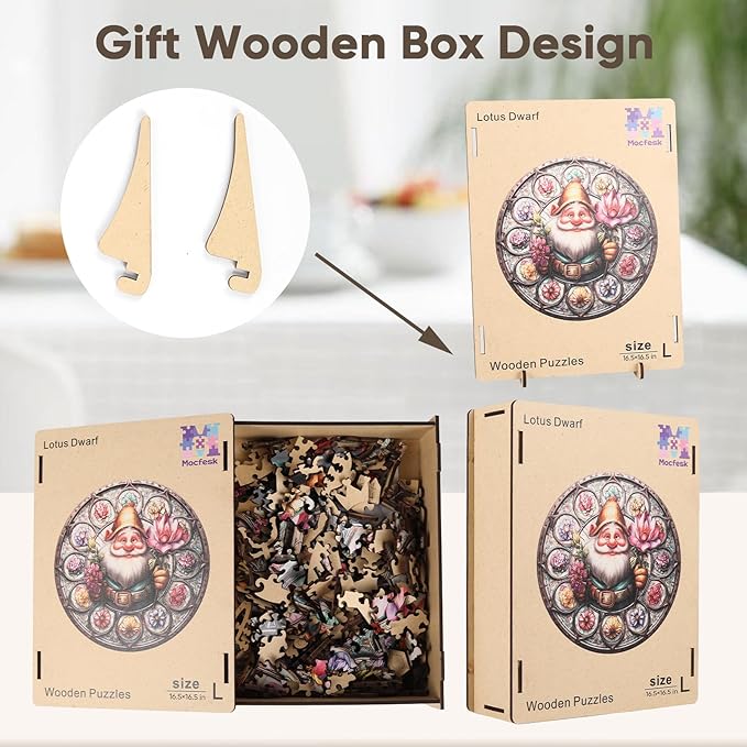 Wooden Puzzles for Adults, Gnome Puzzle 476 Pieces, Unique Shaped Jigsaw Puzzles for Adults and Kids, Birthday Gifts Fun Challenge Family Game 16.5'' x 16.5''