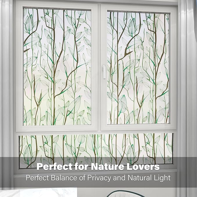 Donox Frosted Glass Window Film Heat Control UV Blocking, Static Cling Reusable Home Bathroom Door Window Privacy Film, Green Leaf Pattern Window Covering with Installation Tool, 35.4 in x 6.5 feet