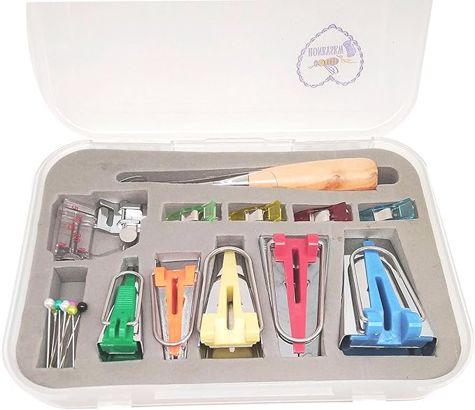 HONEYSEW Single Double Fold Bias Tape Maker Tool Kit Set, 6MM/9MM/12MM/18MM/25MM Fabric Bias Tape Maker Tools 5 Sizes DIY Sewing Bias Tape Makers for Quilt Binding