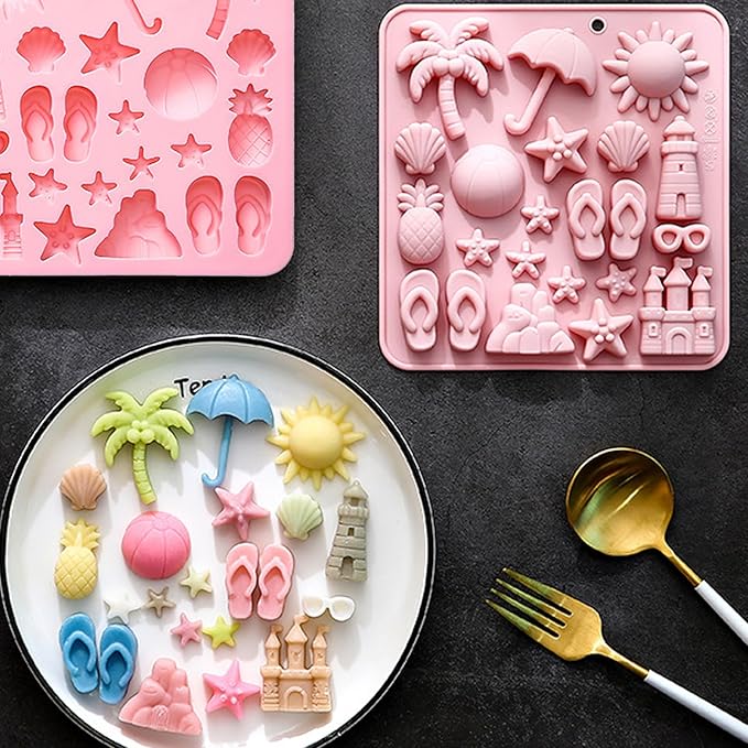 Summer Beach Theme Chocolate Molds, 2PCS Summer Party Fondant Candy Jelly Baking Ice Cube Silicone Molds, Coconut Tree Sun Shell Starfish Marine Cake Decor Mold, Unique Resin Candle Soap Mold