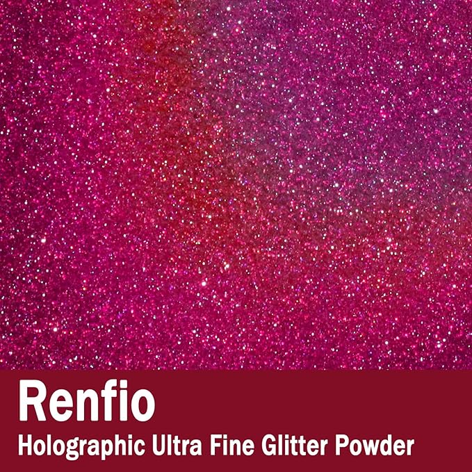 Renfio Holographic Ultra Fine Glitter Powder Metallic Resin Glitter 2.11 Oz (60g) PET Flakes Crafts Sequins 1/128" 0.008" 0.2mm Epoxy Chips Flakes for Tumblers Slime - Laser Rose Red
