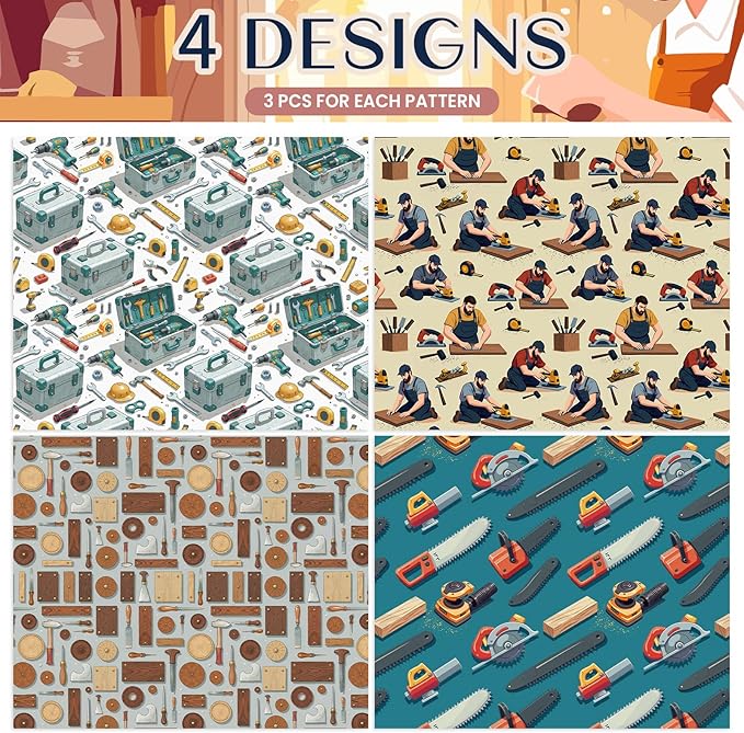 Pineraap 12 Sheets Carpenter Wrapping Paper, Woodworking Tools & Craftsman Printed Gift Wrap Decorative Craft Paper for DIY Projects, Birthdays, Father's Day, or Handyman Celebrations, 20 x 28 inch