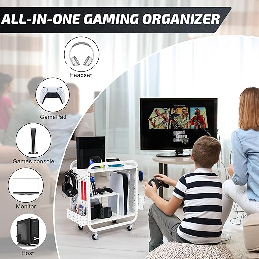 PLKOW Video Game Organizer, Rolling Video Game Storage Rack for Xbox/Switch/PS4/PS5 Accessories, Game Consoles Stand Controllers Holder, Perfect Holiday Present (White)