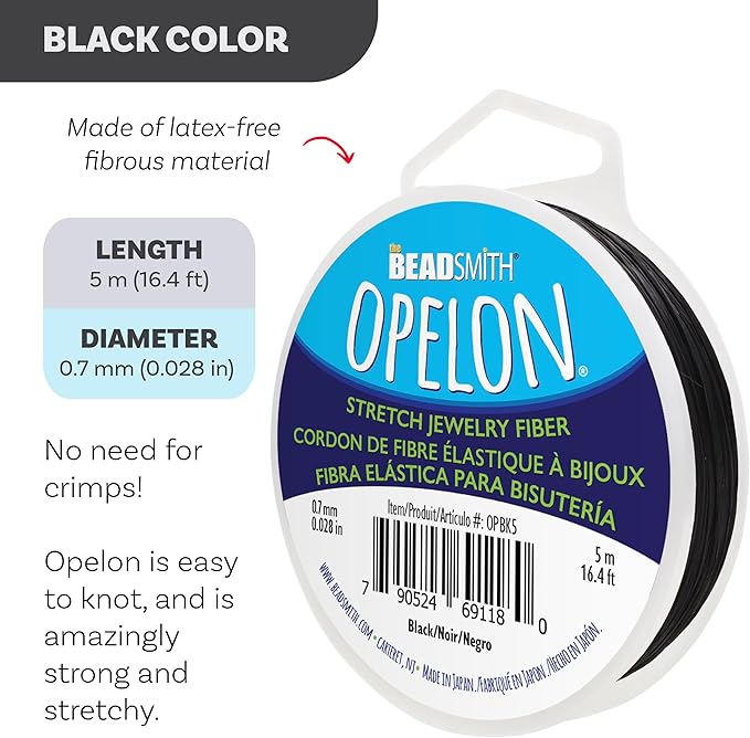 The Beadsmith Opelon Stretch Cord – Elastic Beading Fiber, Black, 0.7 mm Diameter, 5 Meters (16.4 ft) Spool