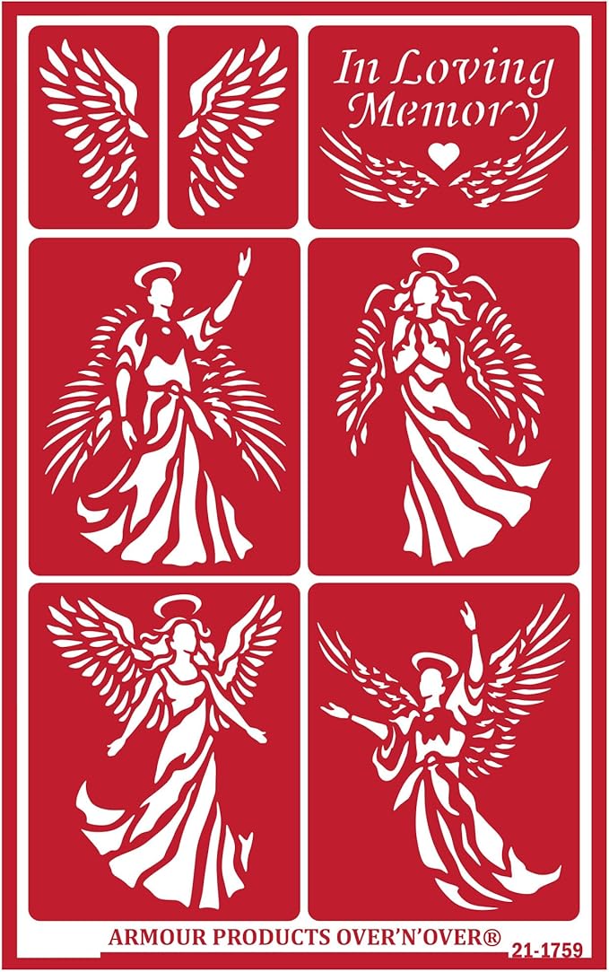Over'N'Over Reusable Glass Etching Stencils – Durable Self-Stick Designs for Glass, Mirrors, and Ceramics with Armour Etch Cream – 5” x 8” Stencil Sheet - Angels