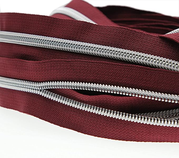 Leekayer #5 Metallic Silver Nylon Coil Zippers by The Yard Bulk 10 Yards Wine Color Zipper Tape with 25pcs Silver Sliders for DIY Sewing Tailor Craft Bag(Wine)