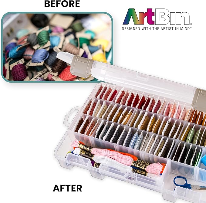 ArtBin Floss Finder Box: Clear Sewing Organizer with 6 Compartments, 12 Dividers, Durable - Perfect for Embroidery Floss and Small Sewing Supplies Storage