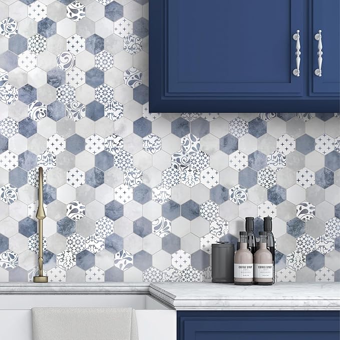 The Tiles Plaza 10-Sheet Peel and Stick Backsplash, Blue Cement Hexagon Stone Composite Marble Looks Self Adhesive Wall Tile, Stick On Tiles for Kitchen Bathroom Shower, Cover 9 Sq Ft.