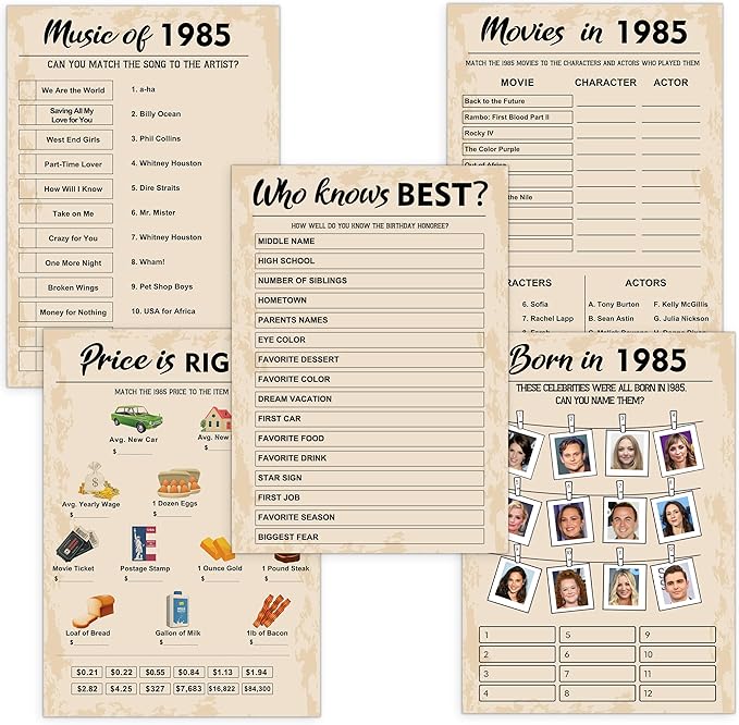 40th Birthday Party Games, Born in 1985 Games Bundle, Set of 5 Activities for 10 Guests, Birthday Party Supplies for Adults, Pack of 50 Cards