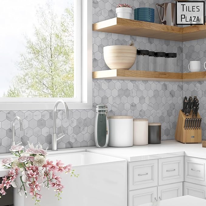 The Tiles Plaza 10-Sheet Peel and Stick Backsplash, Carrara White Hexagon Stone Composite Marble Looks Self Adhesive Wall Tile, Stick On Tiles for Kitchen Bathroom Shower, Cover 9 Sq Ft.