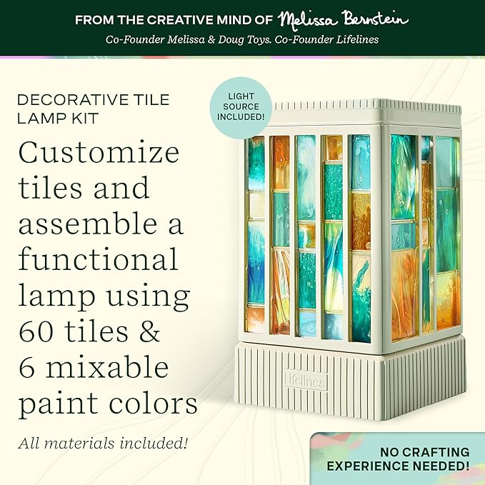 Lifelines FlowCrafts, Decorative Tile Lamp - Customize a Functional Lamp with 60 Tiles, 6 Mixable Paint Colors & Light Source Included - Sensory Arts & Crafts Kit for Teens & Adults