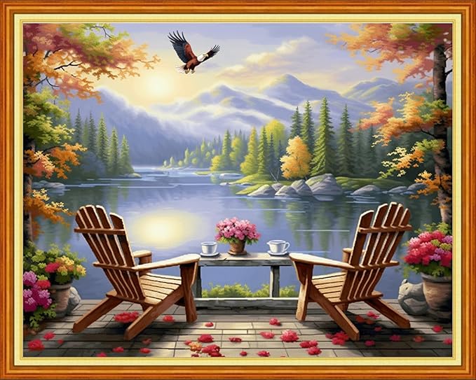 Joyhoor Cross Stitch Kits for Beginners Stamped Cross-Stitch Supplies Needlework preprint Embroidery Kits for Adults DIY Needlepoint Kits Embroidery Patterns 11CT-Rest by The Lake 16x20 inchs