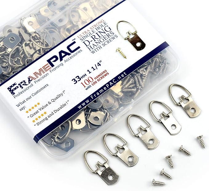 D Ring Picture Hangers with Screws - 100 Pack - Bulk D Rings - Pro Quality Hangers - Picture Hanging Solutions