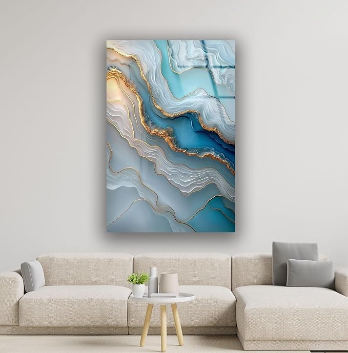 My Photostation.com 40WX60H'' Turquoise and Blue Alcohol ink Glass Wall Art Tempered Glass Printing Wall Decor Large Wall Art Wall Hangings