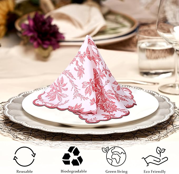 Ridhi Peach Coral Hand Block Print Napkins 18" x 18" Set of 4 Reusable Cotton Dinner Napkins for Weddings, Parties & Everyday Dining, Thanksgiving, Christmas, Fall