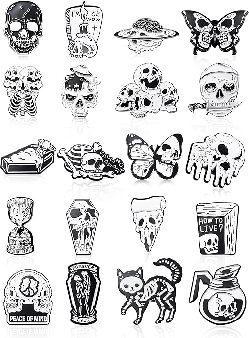 BBTO 20 Pieces Enamel Pins Skull Spooky Skeleton Enamel Pins Set Black Decorative Cartoon Goth Skull Horror Dark Brooch Cute Lapel Buttons for Jacket Backpack Hat Halloween