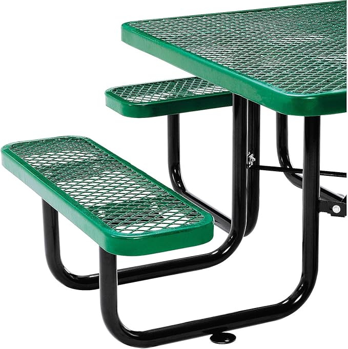 Global Industrial 46" Square Picnic Table, Expanded Metal, Green Thermoplastic Coating, Attached Benches, 1-1/2” Umbrella Pole Hole, Outdoor-Rated, 1000 lb Capacity