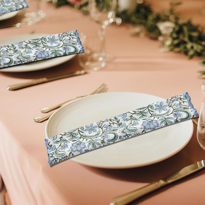 Ridhi Columbia BlueHand Block Print Napkins 18" x 18" Set of 4 Reusable Cotton Dinner Napkins for Weddings, Parties & Everyday Dining, Thanksgiving, Christmas, Fall