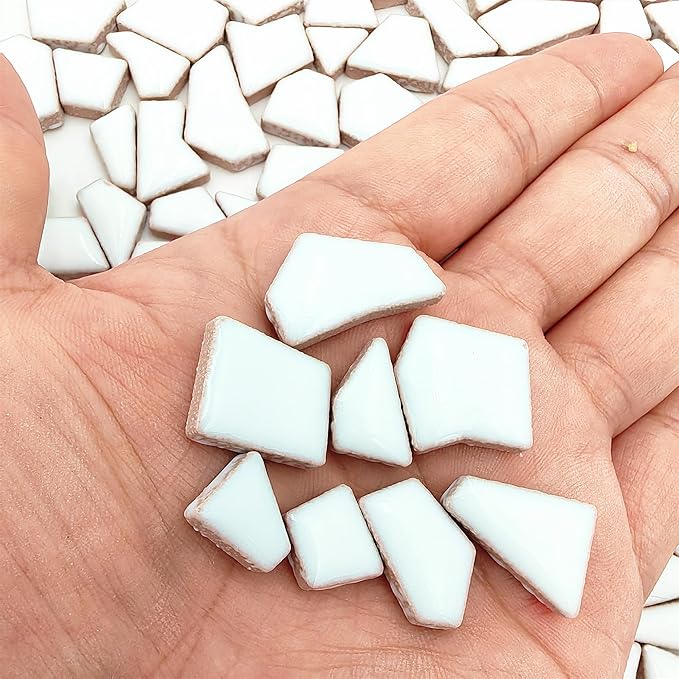 1.1LB Irregular Ceramics Mosaic Tiles, Mosaic Pieces Stones for DIY Mosaic Making Craft Hobby Arts Home Wall Decoration (White)