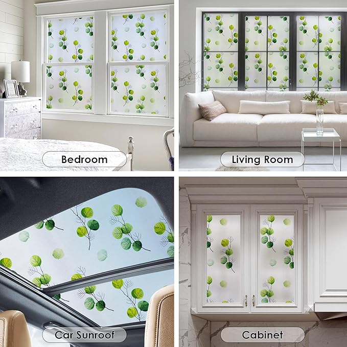 DKTIE Eucalyptus Leaves Stained Glass Window Film with Installation Tools, INS Style Window Privacy Film Decorative, Nordic Style for Home Decor (S541, 17.7'' x 78.7'')