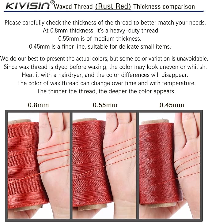 Bonded 0.8mm Round Waxed Polyester Cord, 3-ply Wax Coated Thread, 197 Yards Stiff String for Heavy Duty Fabric, Leather Sewing, Book Binding, Upholstery Repair, and Macrame Jewelry - Rust Red