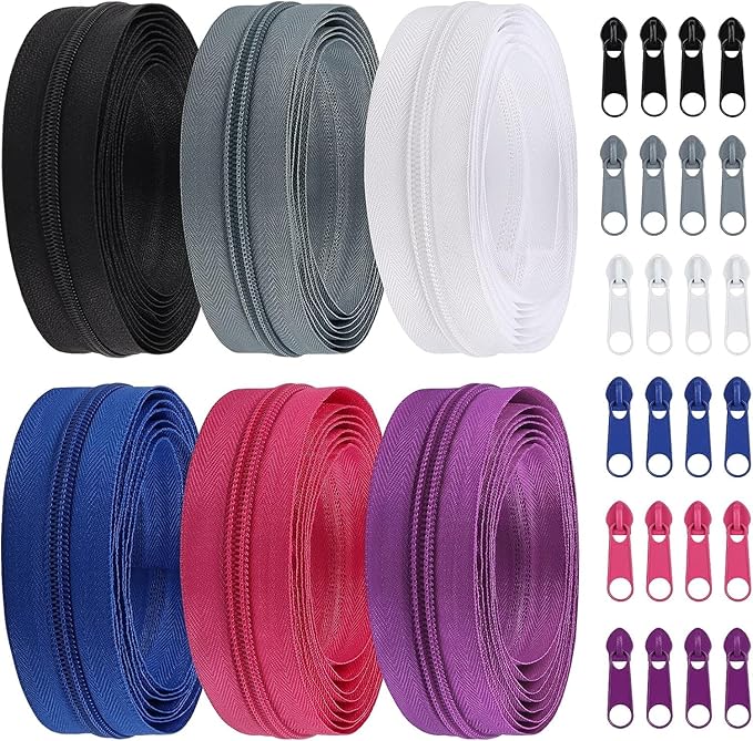 DOITEM 13 Yards 6 Pieces #5 Zippers Assorted Nylon Zipper Nylon Coil Zippers Colorful Sewing Zipper 24 Plastic Sliders for Sewing Supplies