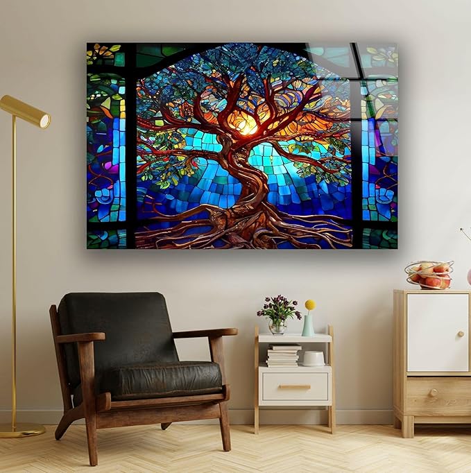 My Photostation.com 30Wx24H'' Stained Blue Life of Tree Glass Wall ArtTempered Glass Printing Wall Decor Large Wall Art Wall Hangings