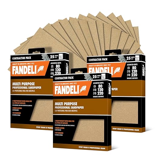 Fandeli | Multi-Purpose Sanding Paper | Assorted Grits (80,120,220) | 75 Sheets of 9'' x 11'' | Perfect for Sanding Metal and Sanding Wood | Hand Sanding | Orbital Sanders..