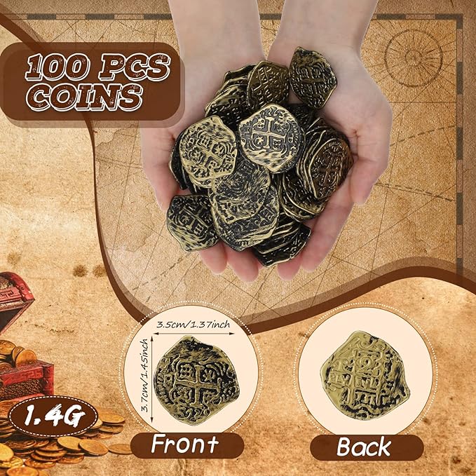 Hanaive 100 Pcs Pirate Coins Plastic Kids Fake Play Coins Replica Spanish Doubloons for Pirate Party Treasure Chest Board Games Tokens Toys Cosplay St. Patrick's(Bronze)