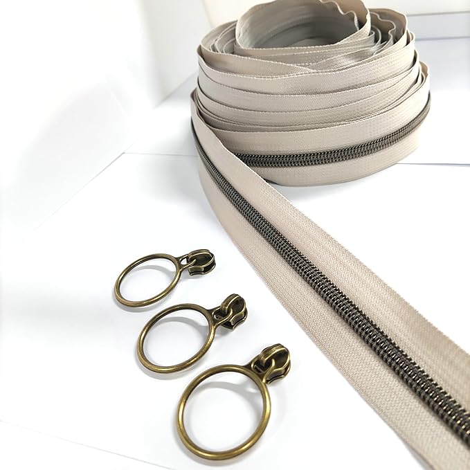 Leekayer #5 Antique Brass Metallic Nylon Coil Zippers by The Yard Bulk 10 Yards Beige Zipper Tape with 25pcs Antique Brass Ring Pull Sliders for DIY Sewing Tailor Craft Bag(Beige)