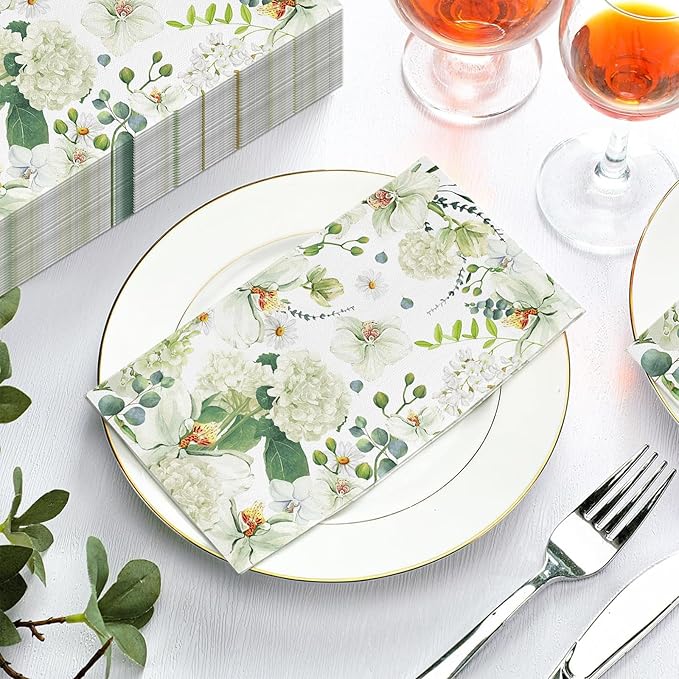 60 Pack 3 Styles Floral White Magnolia Blossom Guest Napkins Disposable Paper Spring Flowers Dinner Hand Napkin for Bathroom Wedding Holiday Anniversary Birthday Party Bridal Decorative Towels