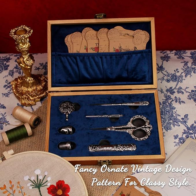 Vintage Embroidery Scissors Kit, Victorian Needlework Gift Set with Antique Shear, Thread Cutter, Thimbles, Needles, Awl, Bodkin, Winding Board for Sewing, Knitting, Cross Stitch, Quilting