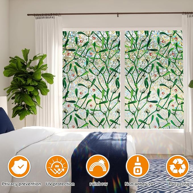 Window Privacy Film Stain Glass Window Film Rainbow Window Film Window clings Non-Adhesive Reusable Decorative for Room (Mistletoe Rainbow, 35.4 x 78.7 in)