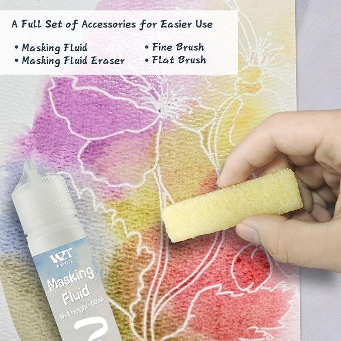 Masking Fluid for Watercolor Painting - 60ml White with a Paintbrush and Eraser - Art Masking Fluid Pen Watercolor Medium Art Supplies for Artists