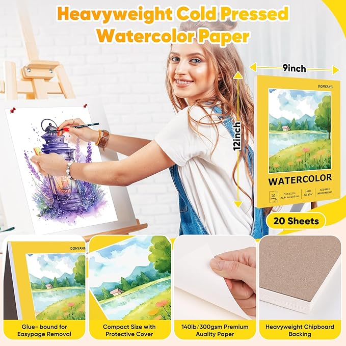 Watercolor Paper Pad, 9"x12" Water Color Paper, 20 Sheets Artist Drawing Sketch Book, 140lb/300gsm Art Supplies for Adult, Watercolor Paint Set, Canvas Painting, Journal, Class Stuff