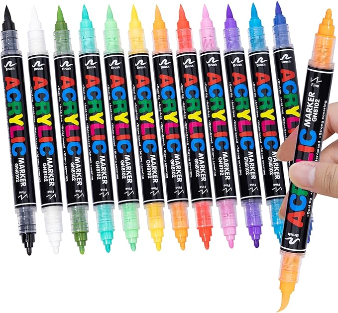 Guangna 60 Colors Acrylic Paint Markers, Dual Tip Paint Markers Pens Set with Soft Brush Tip, Multifunctional Fine Tip Markers for Wood, Canvas, Rock Painting,Glass,Diy Crafts Art Supplies, Waterproof